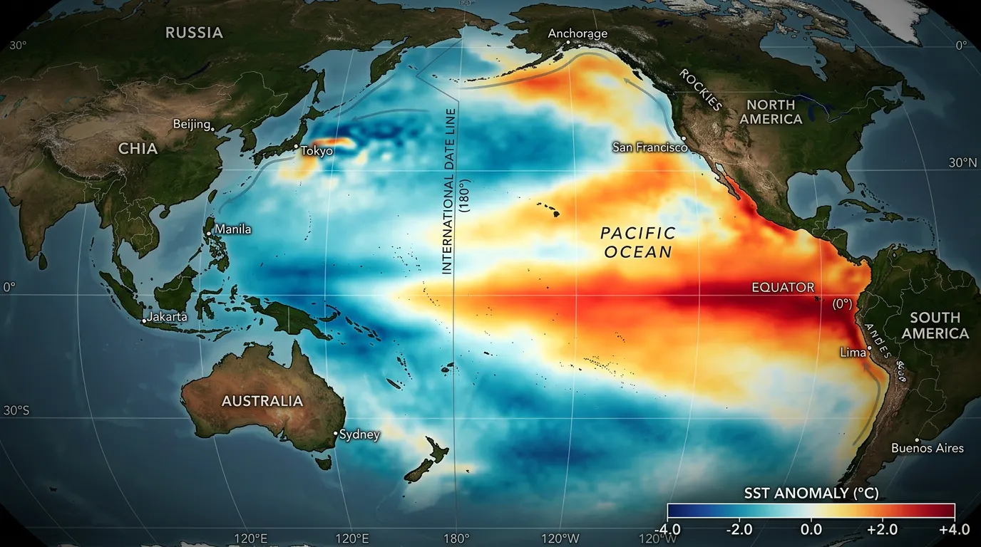 Pacific Ocean surface with warm temperature color gradients showing El Nino pattern