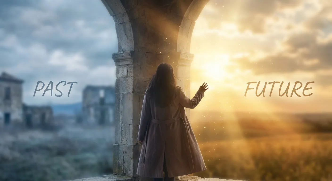 Person standing at a threshold between darkness and light symbolizing a fresh start moment