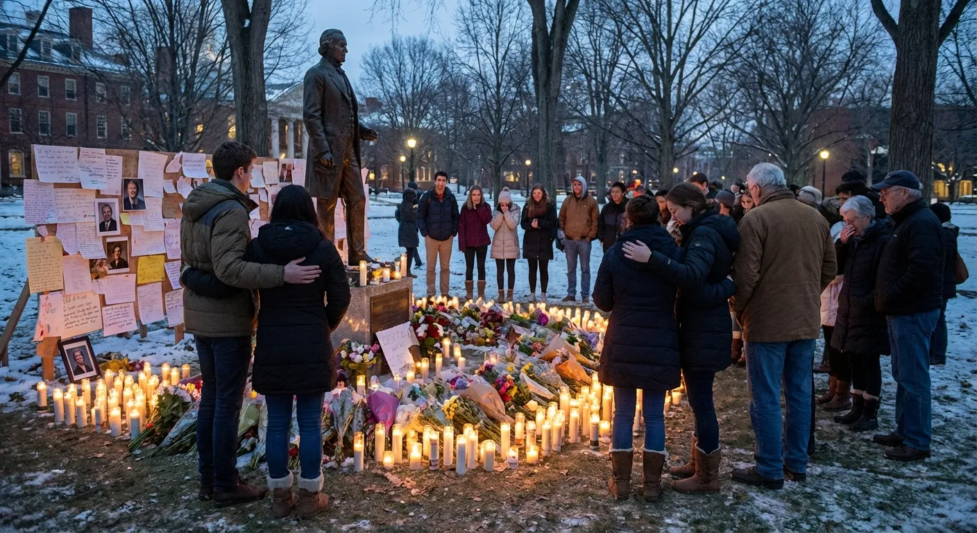 Memorial with flowers and candles on university campus green at dusk