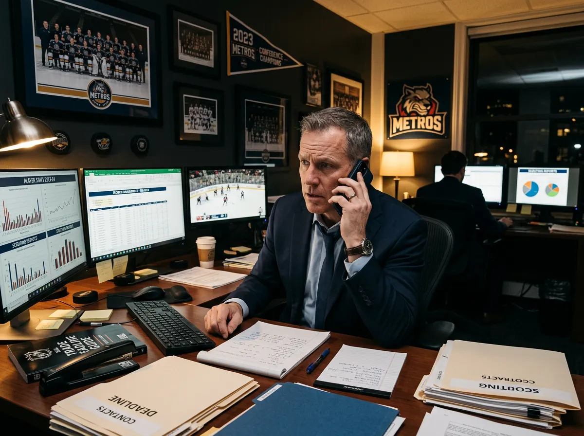 Hockey general manager in a suit talking on a phone in a team office