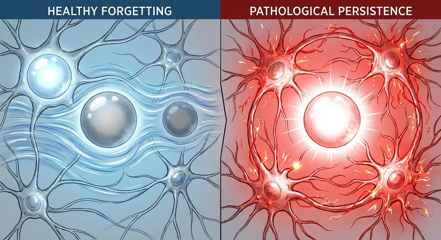 Split visualization showing healthy memory fading versus persistent traumatic memory loops