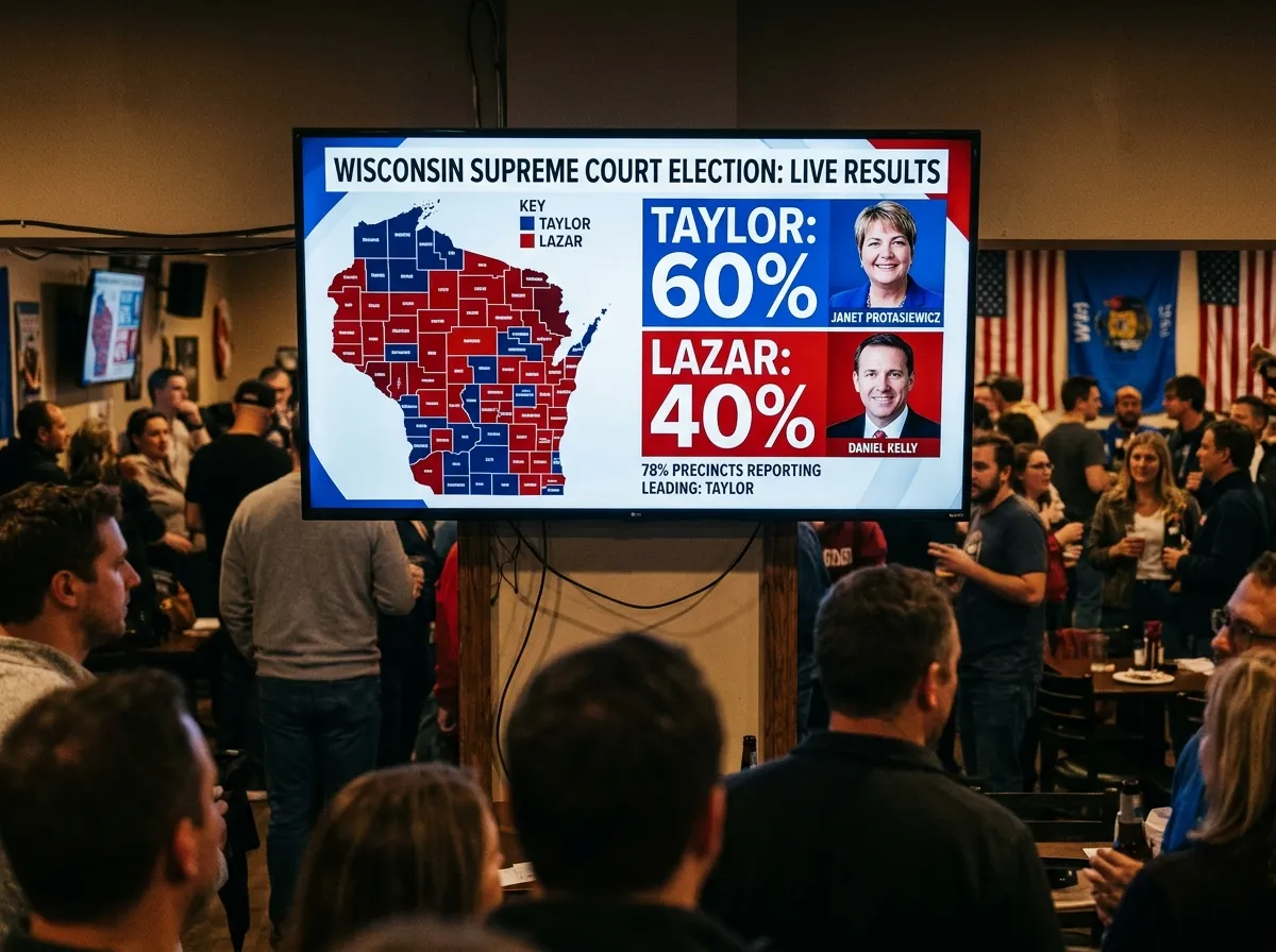 Election night results on a broadcast screen showing Chris Taylor's decisive 20-point victory