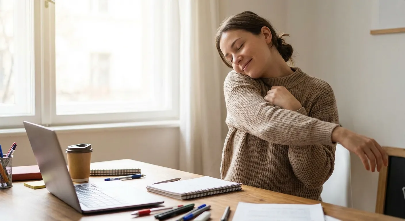 Person doing gentle stretching at desk during a work break