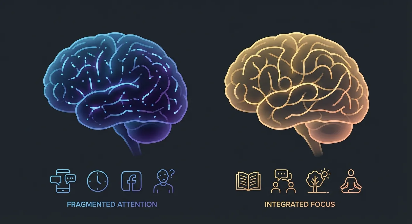 Brain illustration showing calm focused state versus fragmented distracted state