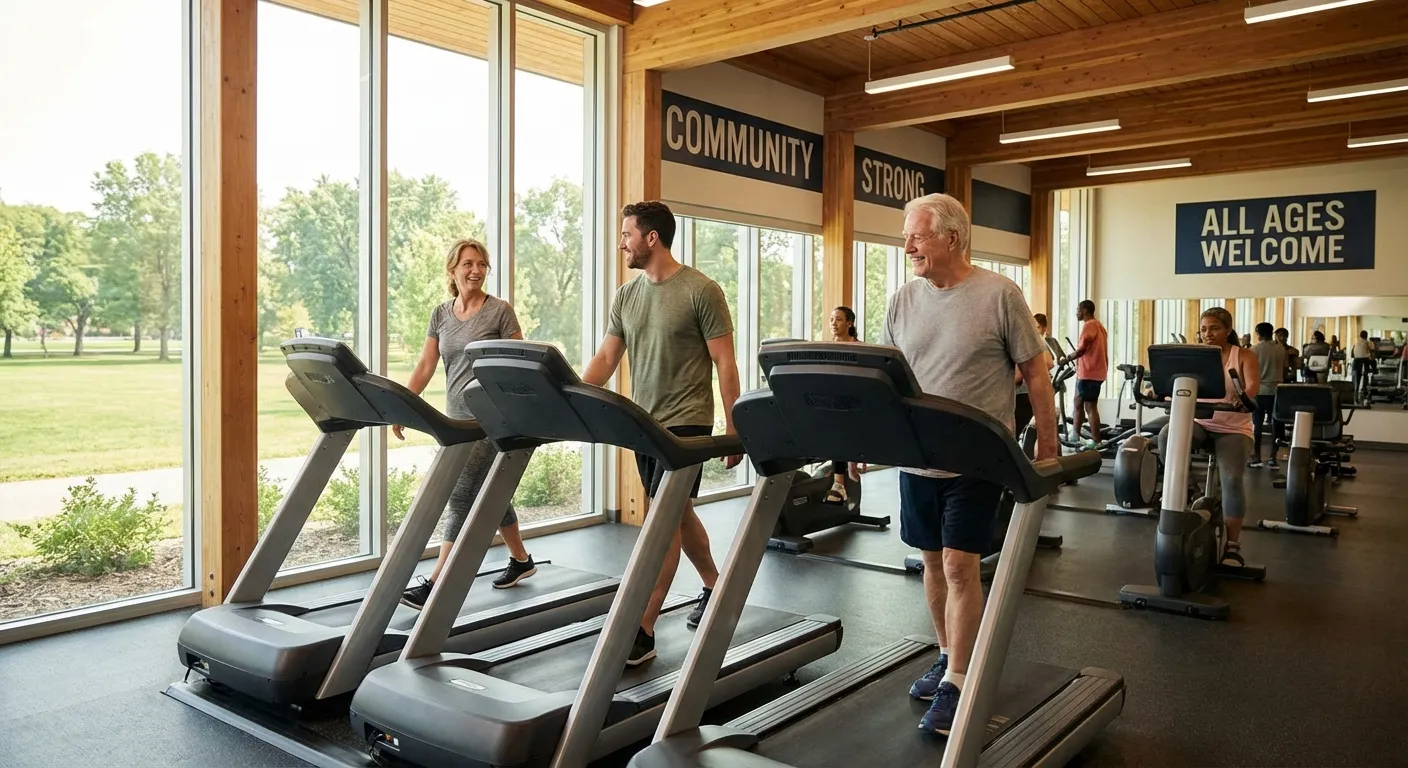 Diverse group of people walking on inclined treadmills in modern gym