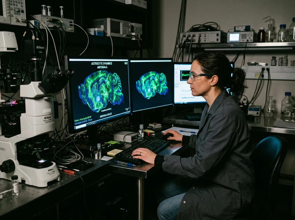 Researcher examining fluorescent brain scan images on laboratory monitors showing astrocyte activity