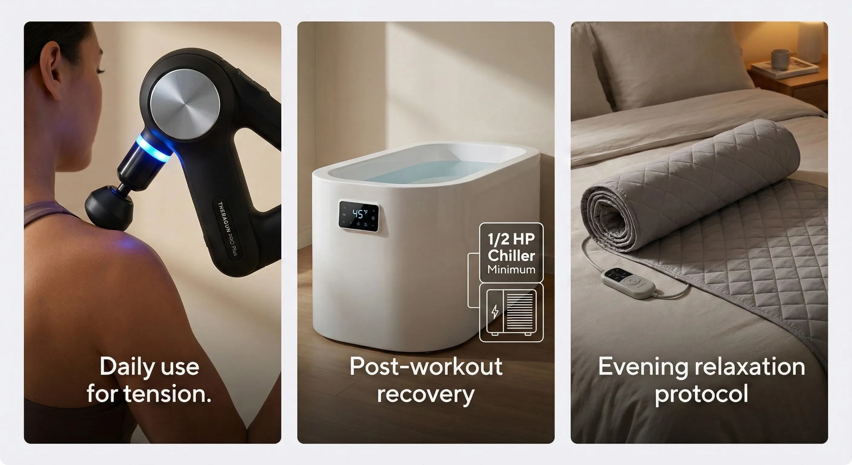 Recovery equipment lineup showing percussion device, cold plunge specifications, and infrared sauna blanket