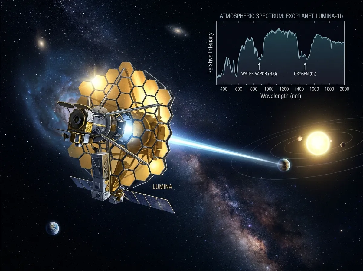Conceptual illustration of future space telescopes observing a distant exoplanet