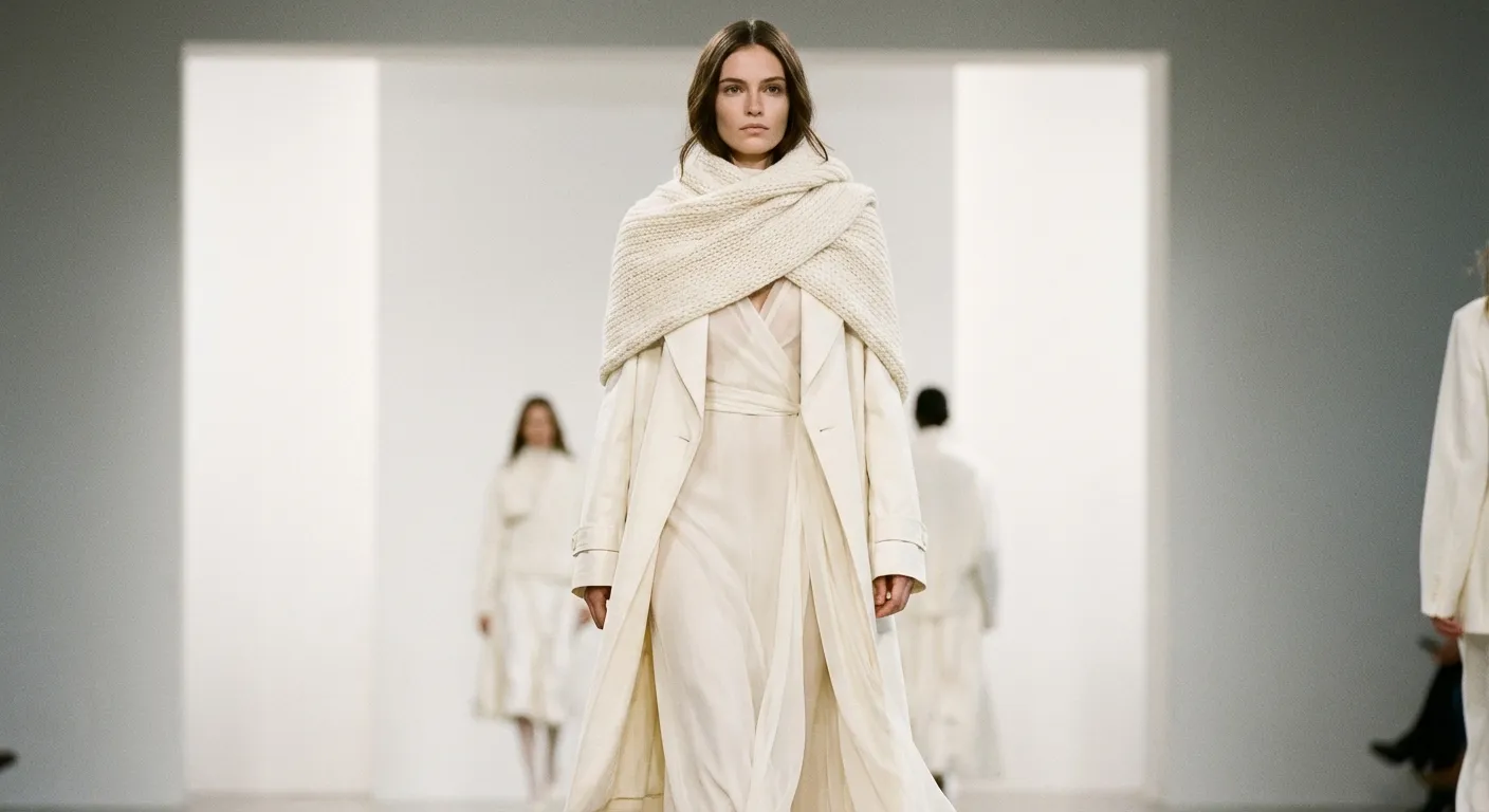 Fashion runway model wearing flowing white garments in minimalist setting
