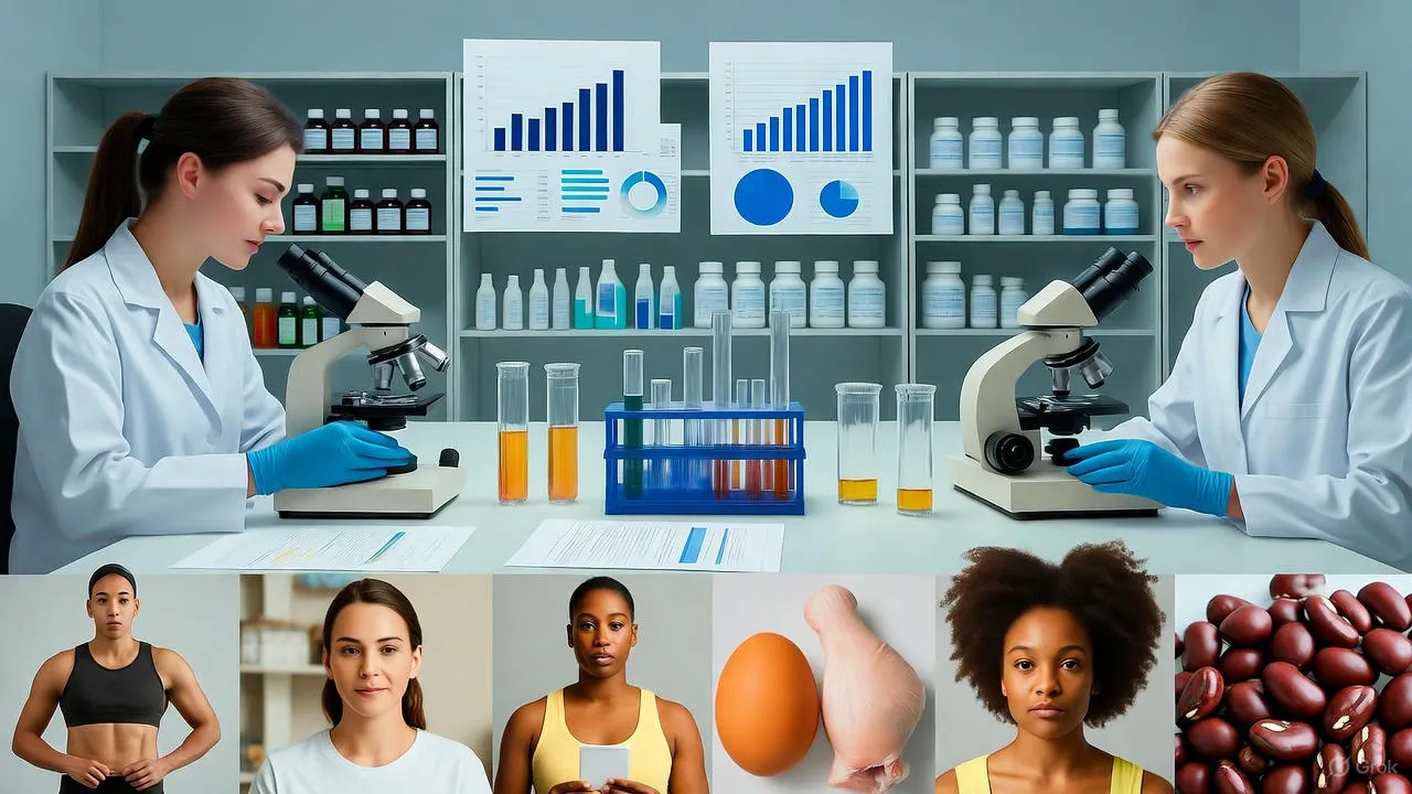 High-protein foods arranged on a table including eggs, chicken, fish, Greek yogurt, and legumes