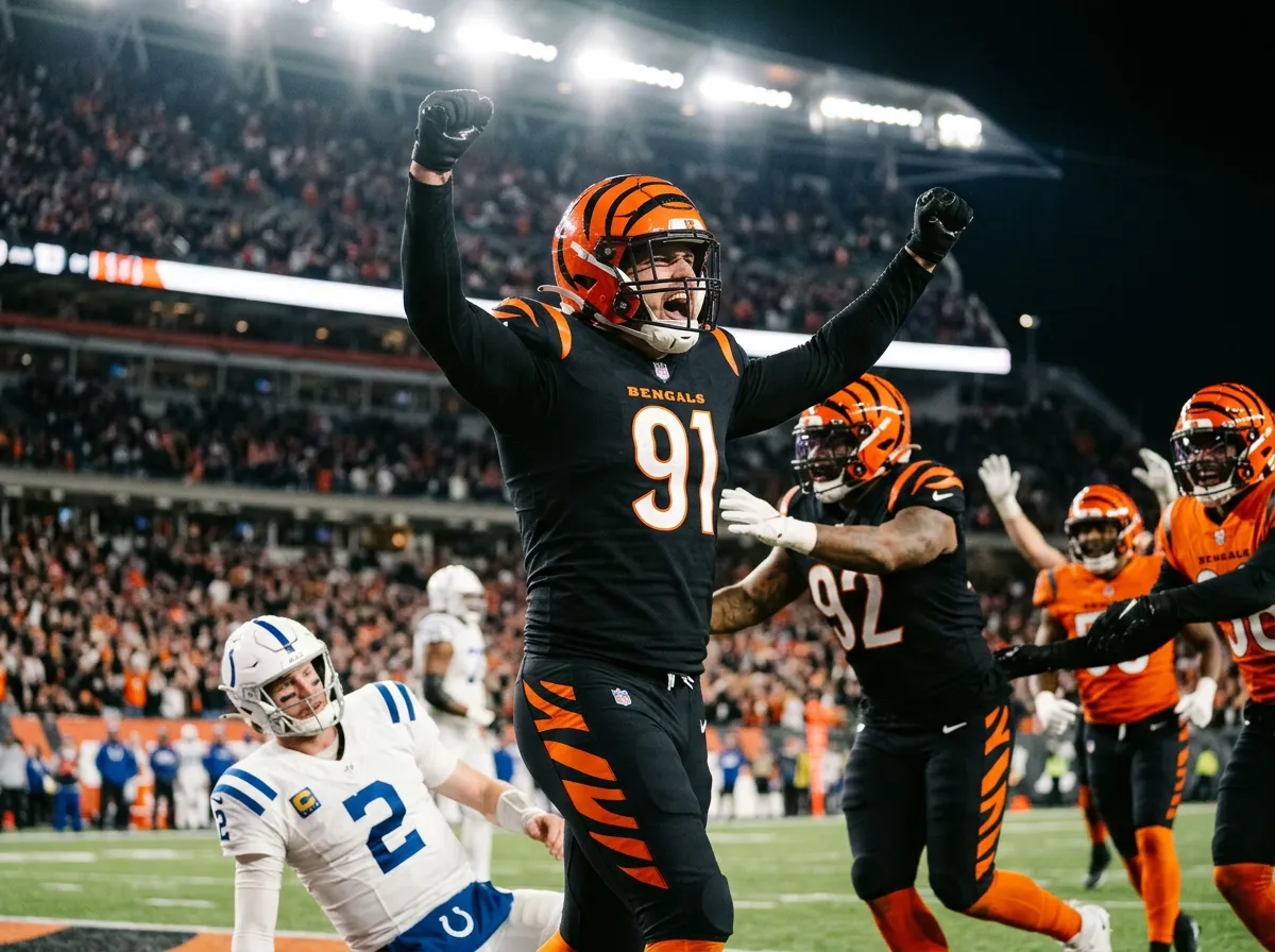 Trey Hendrickson celebrating a sack in his Bengals uniform with intensity