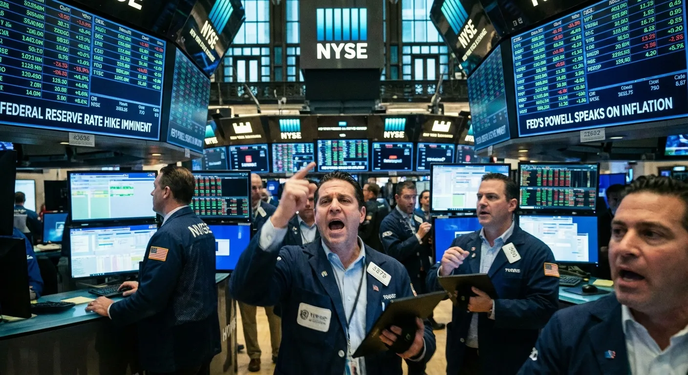 Wall Street traders monitoring screens showing Federal Reserve announcement anticipation