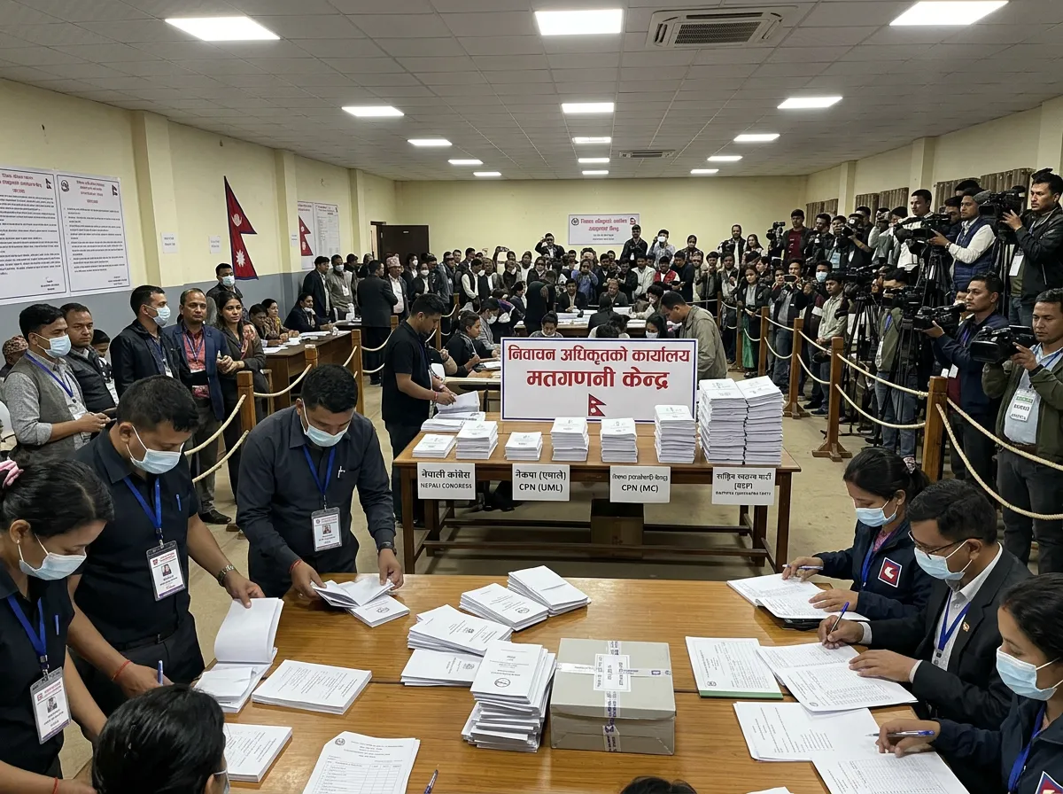 Nepali election workers counting ballots at a counting center