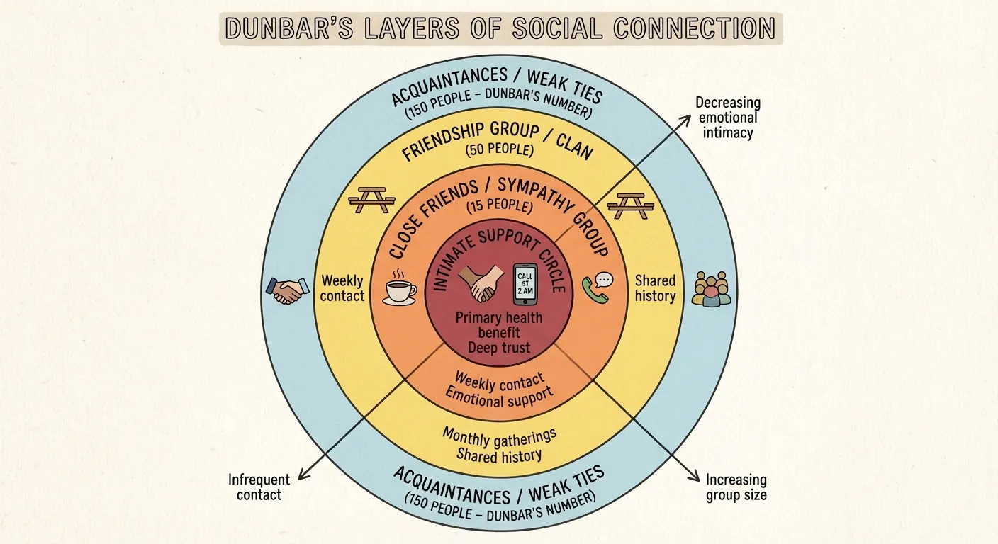 Dunbar's circles showing layers of social connection from intimate to acquaintance level