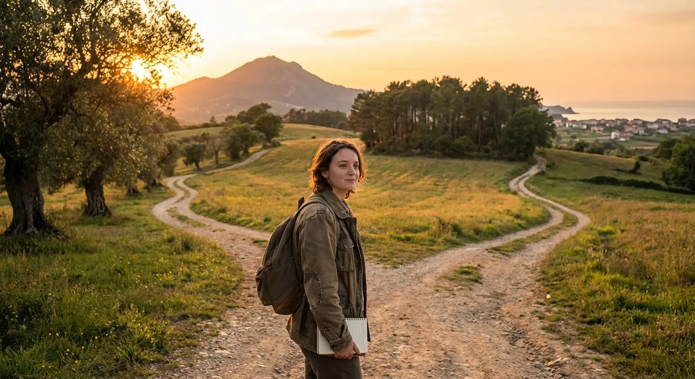 Young professional standing at a metaphorical crossroads looking thoughtful but hopeful