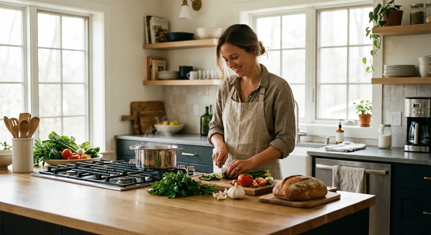 Person cooking a healthy meal with fresh whole ingredients in a home kitchen