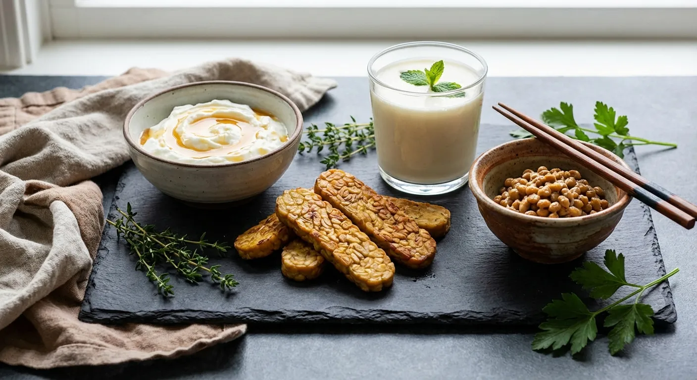 Fermented protein foods including tempeh, Greek yogurt, kefir, and natto arranged on slate board