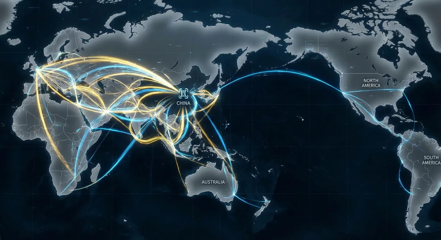 World map showing global trade routes emanating from China to multiple continents
