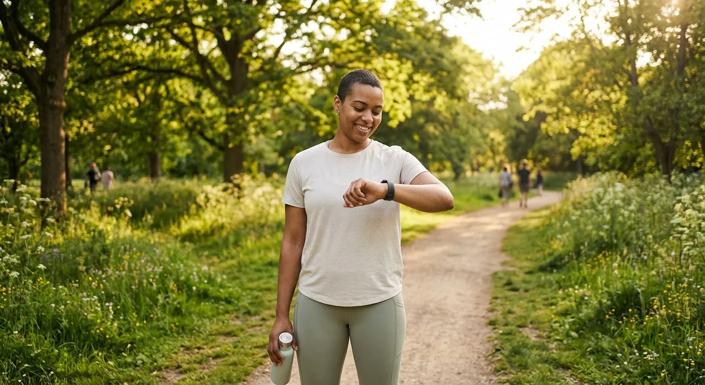 Person finishing a moderate outdoor jog looking relaxed and healthy in park setting