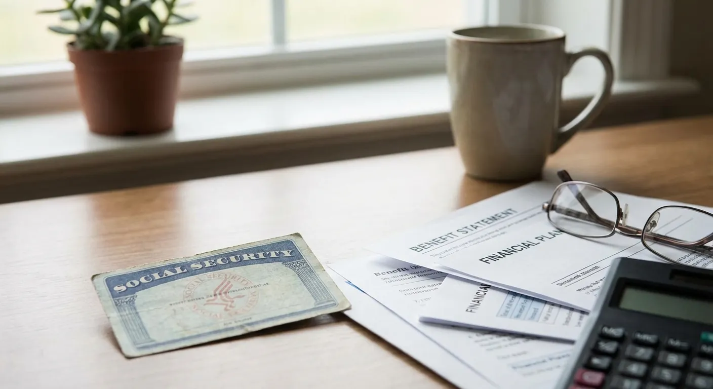 Social Security card next to calculator and financial documents on desk