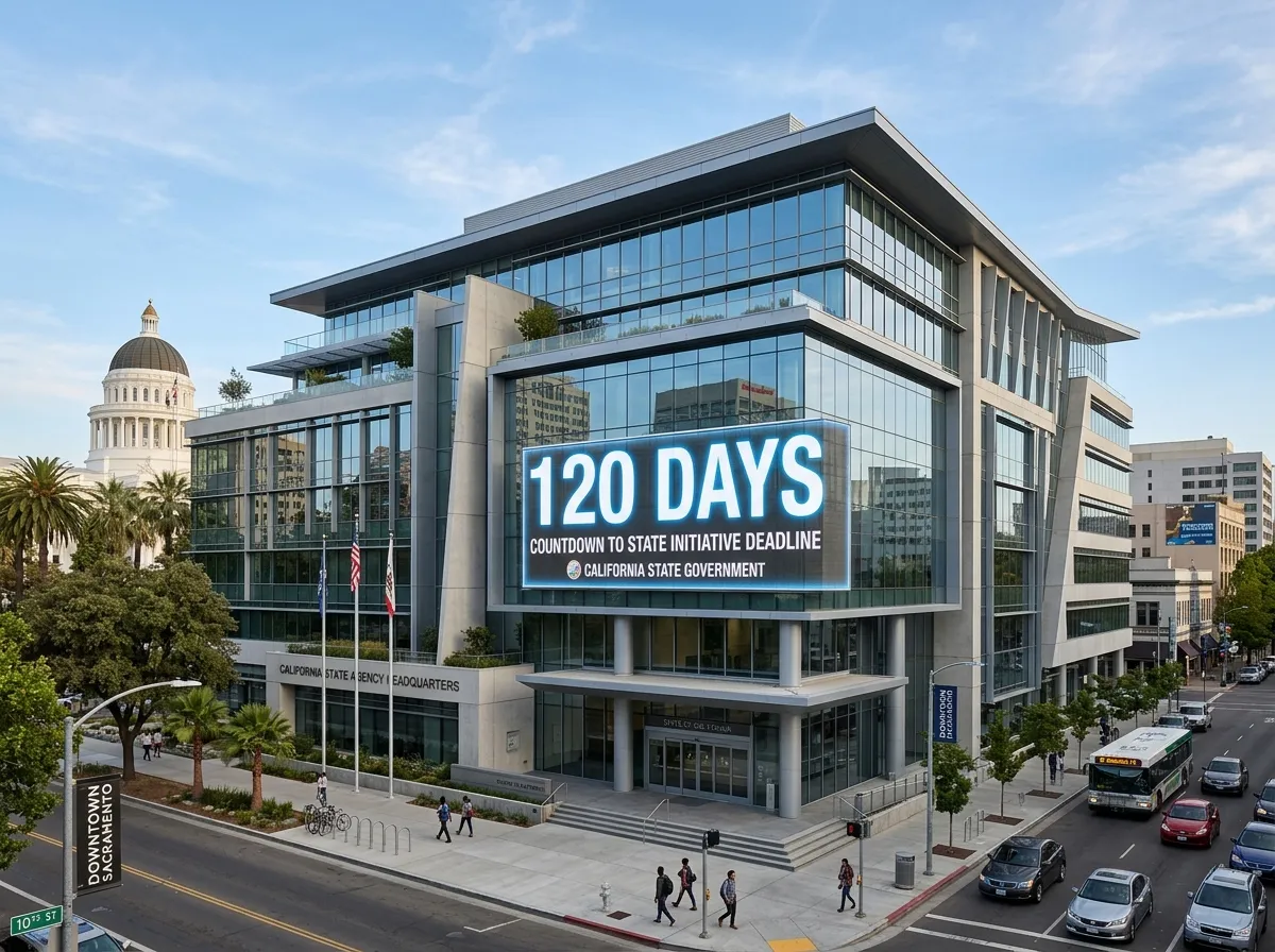 A countdown timer displaying 120 days overlaid on California government office building