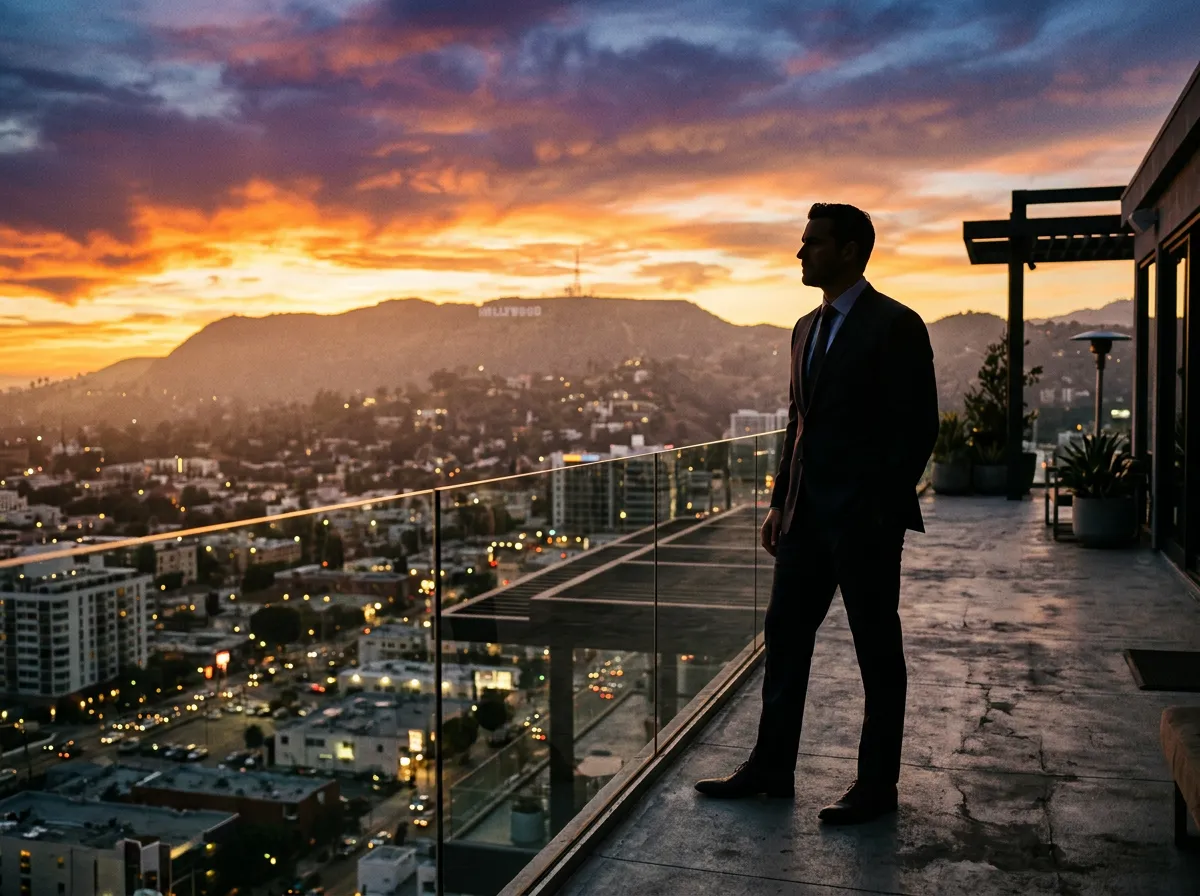 David Ellison portrait silhouette against a Hollywood sunset backdrop