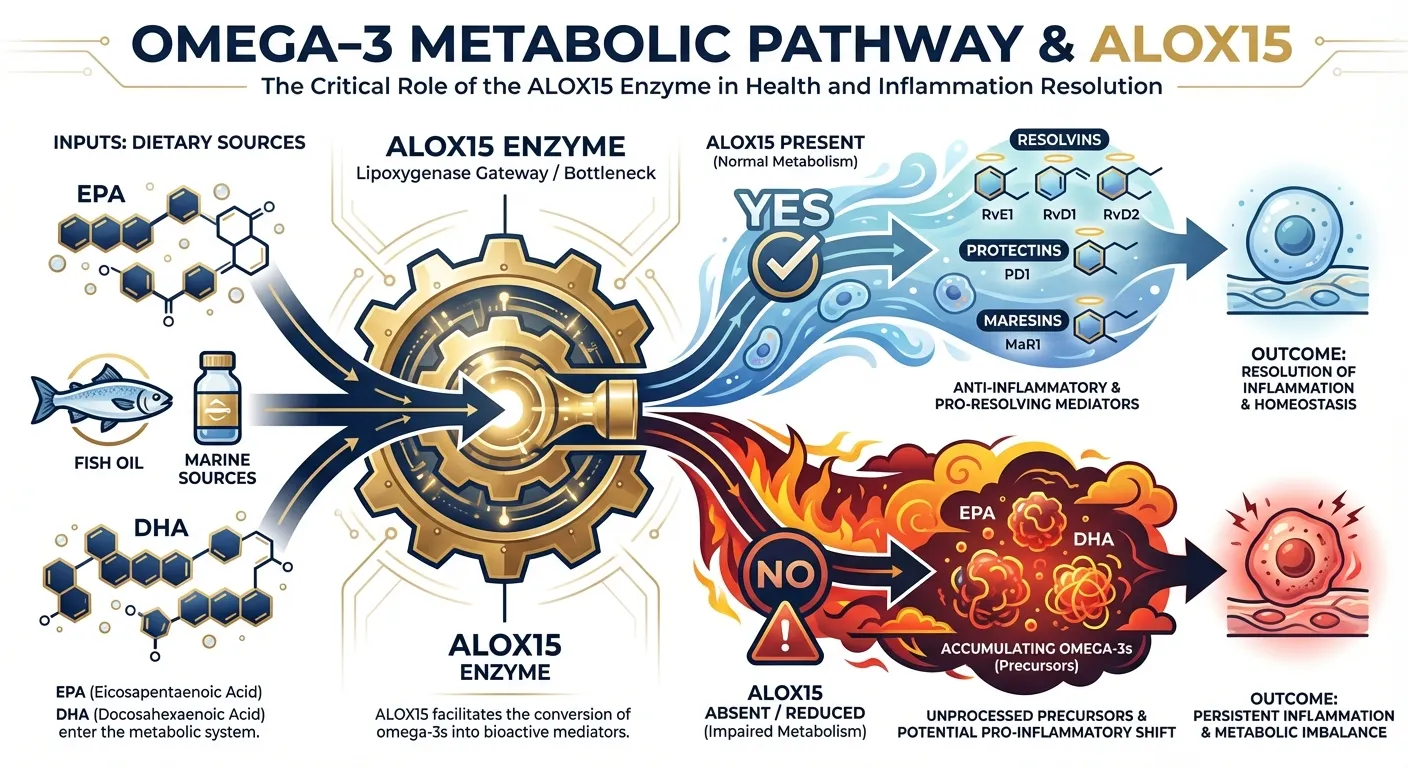 Simplified diagram of omega-3 resolvin pathway showing ALOX15 enzyme as conversion bottleneck