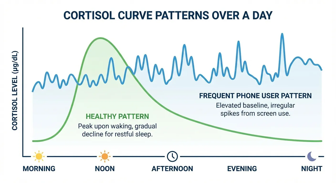 Infographic showing cortisol response patterns comparing frequent and limited phone use