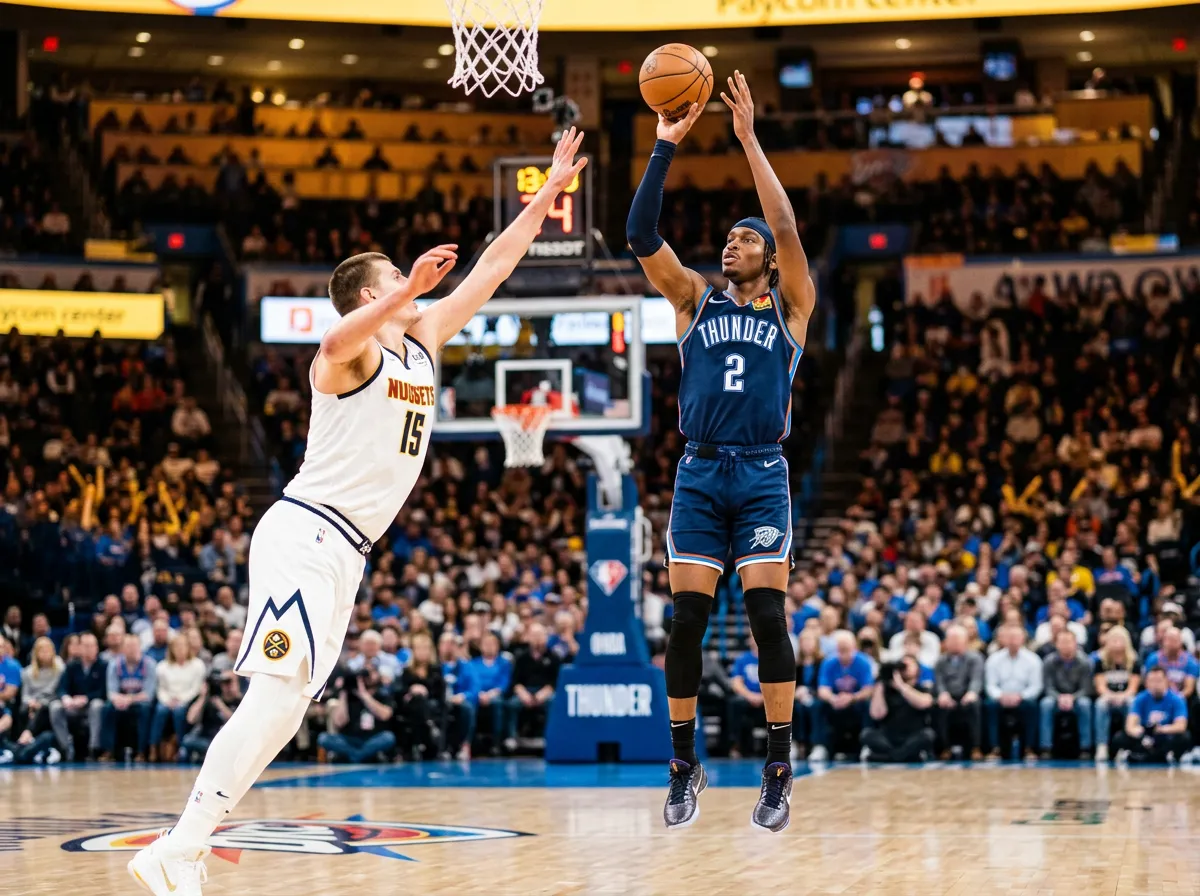 Shai Gilgeous-Alexander shooting a mid-range jumper with perfect form in Thunder jersey