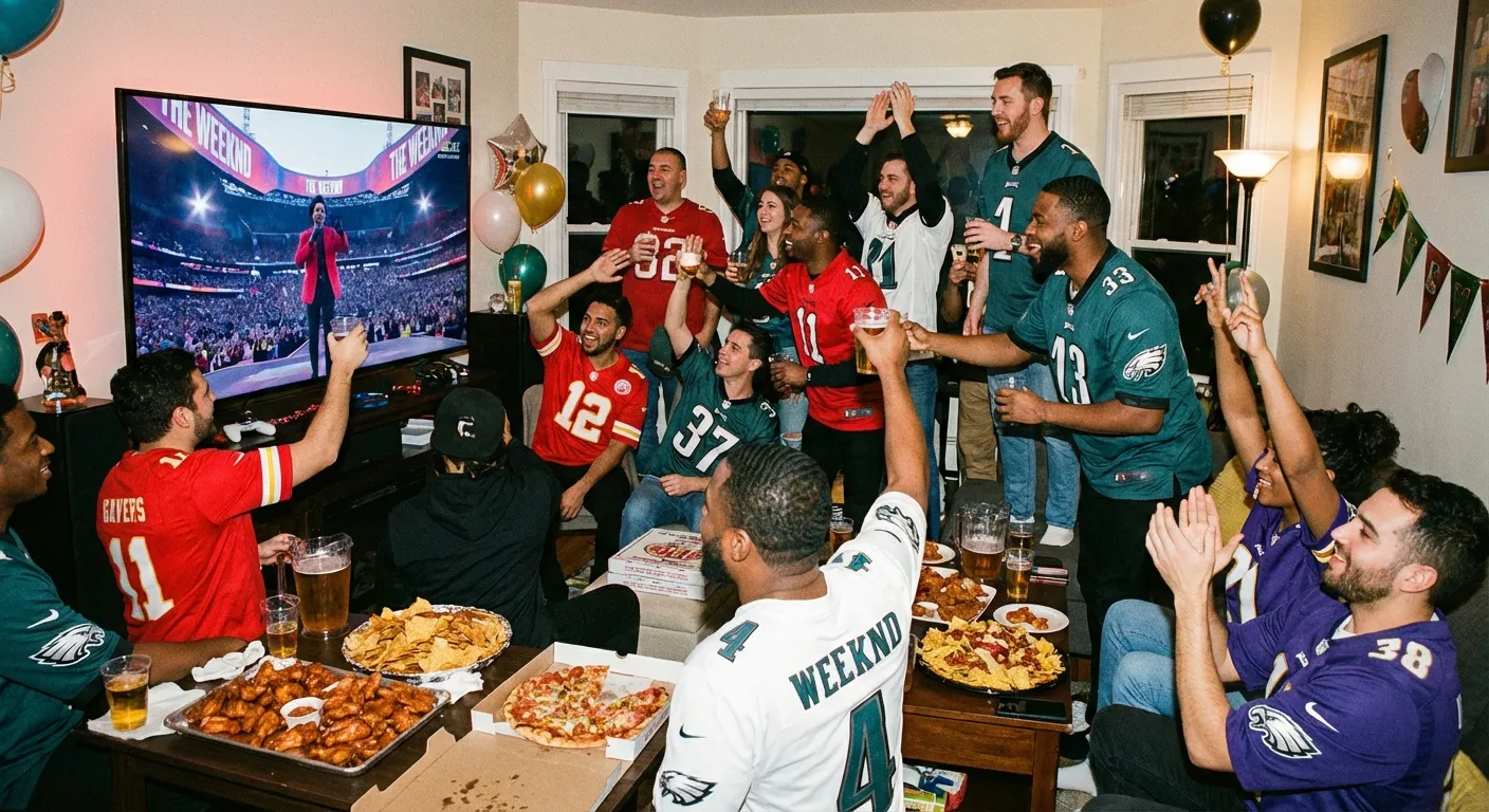 Fan watching the halftime show on a large TV screen at a Super Bowl watch party