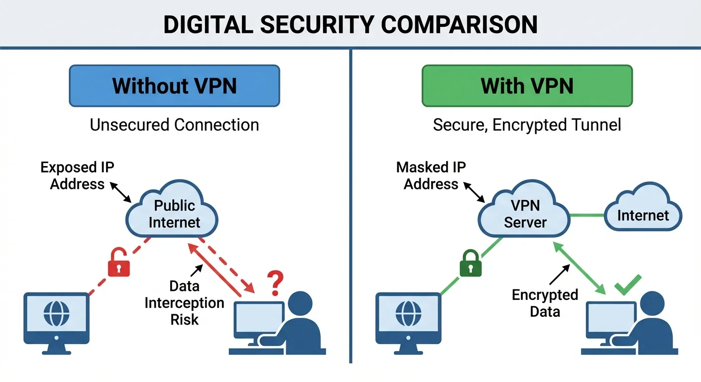 Diagram showing data flow with and without VPN connection