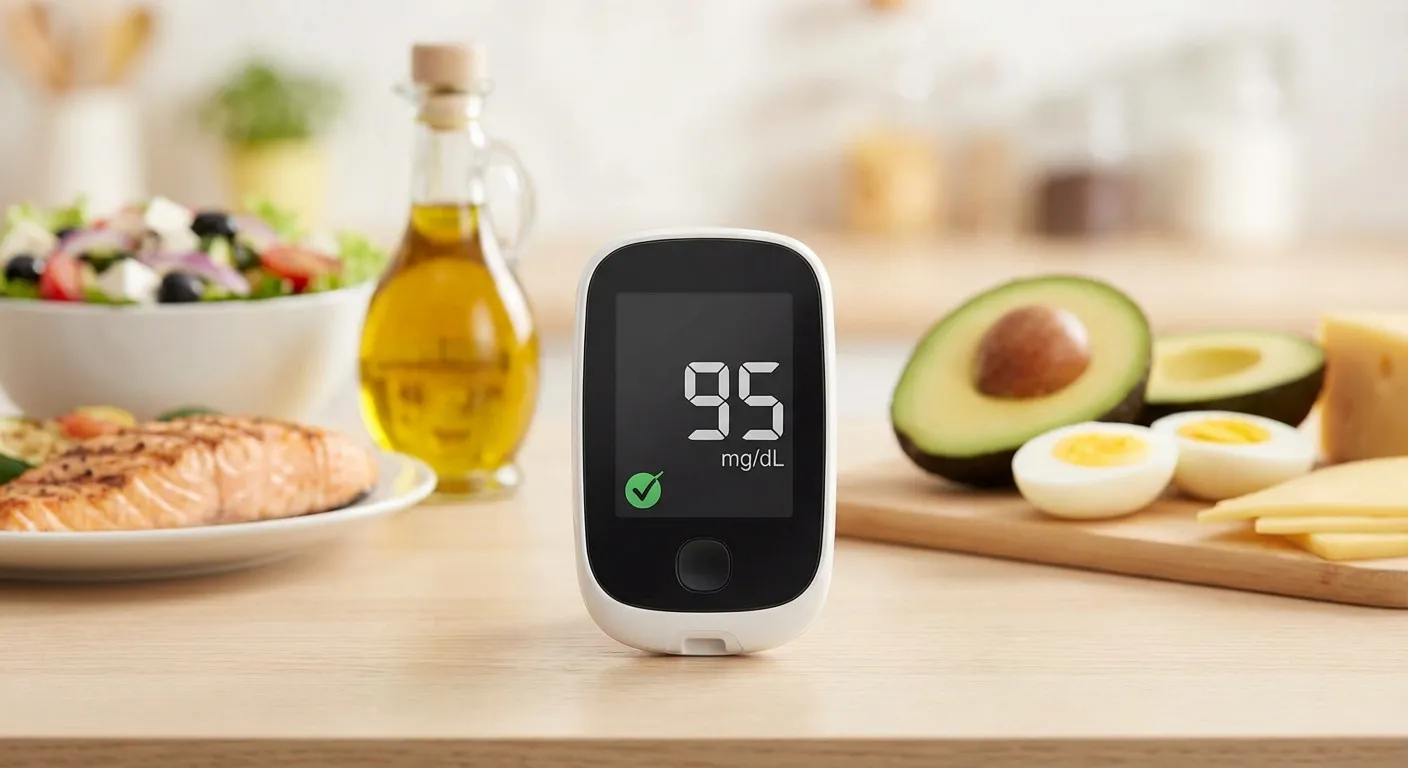 Blood glucose monitor showing readings with Mediterranean and keto foods in background