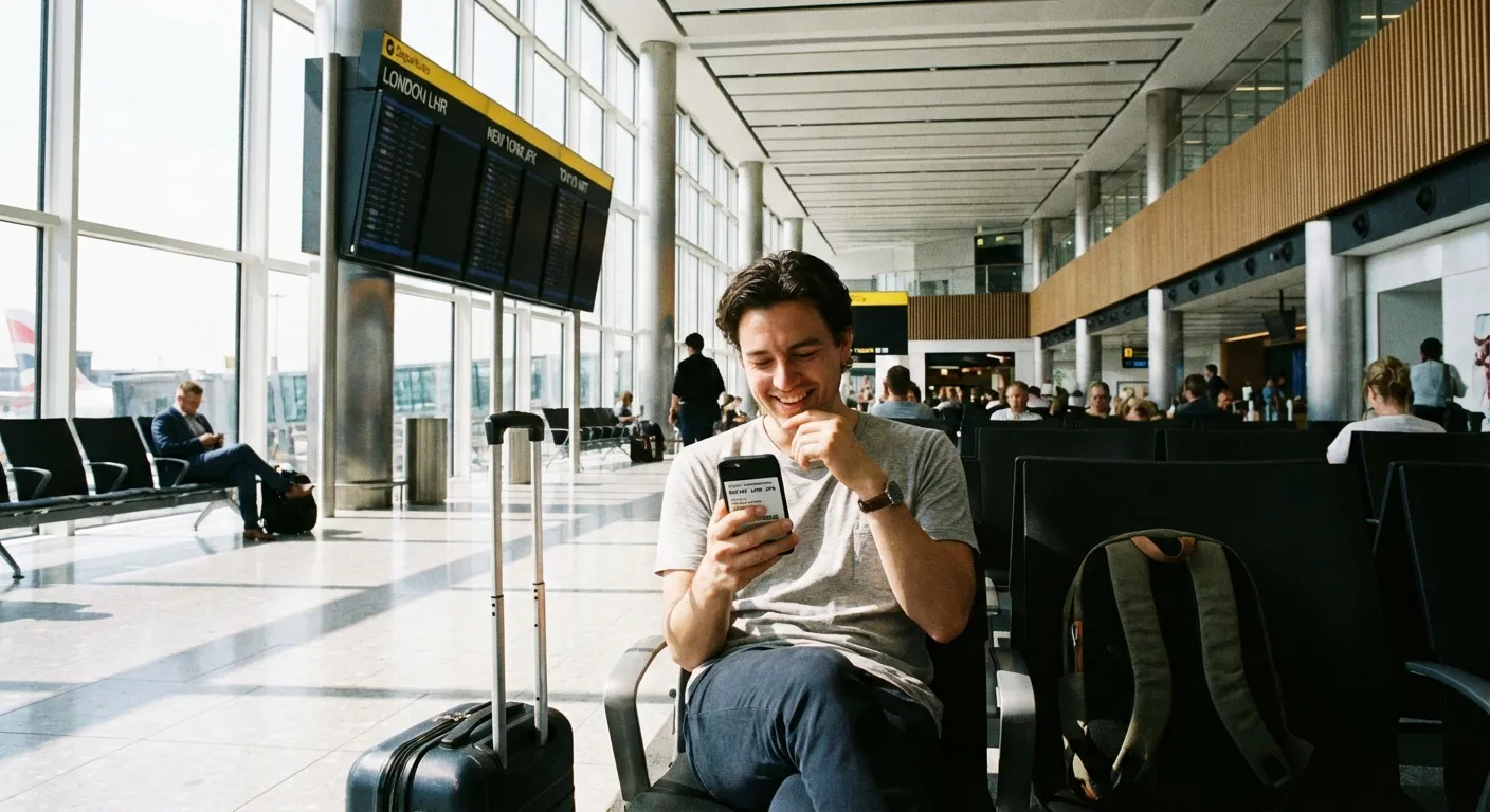 Airport traveler checking a smartphone with a digital receipt at a gate