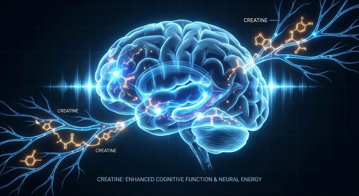 Conceptual illustration of creatine molecules interacting with neural pathways in the brain