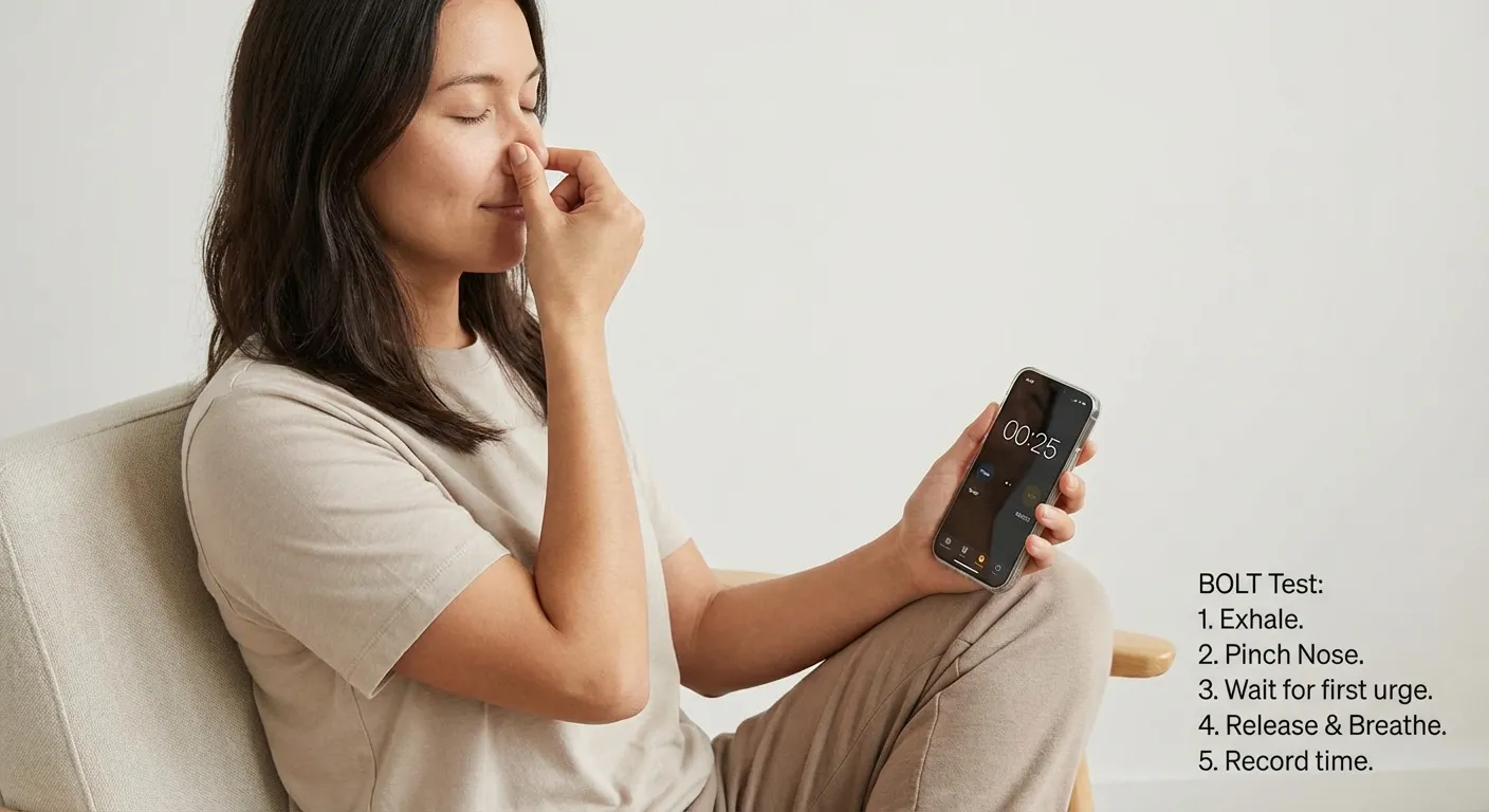 Person demonstrating the BOLT test by timing breath hold after exhale