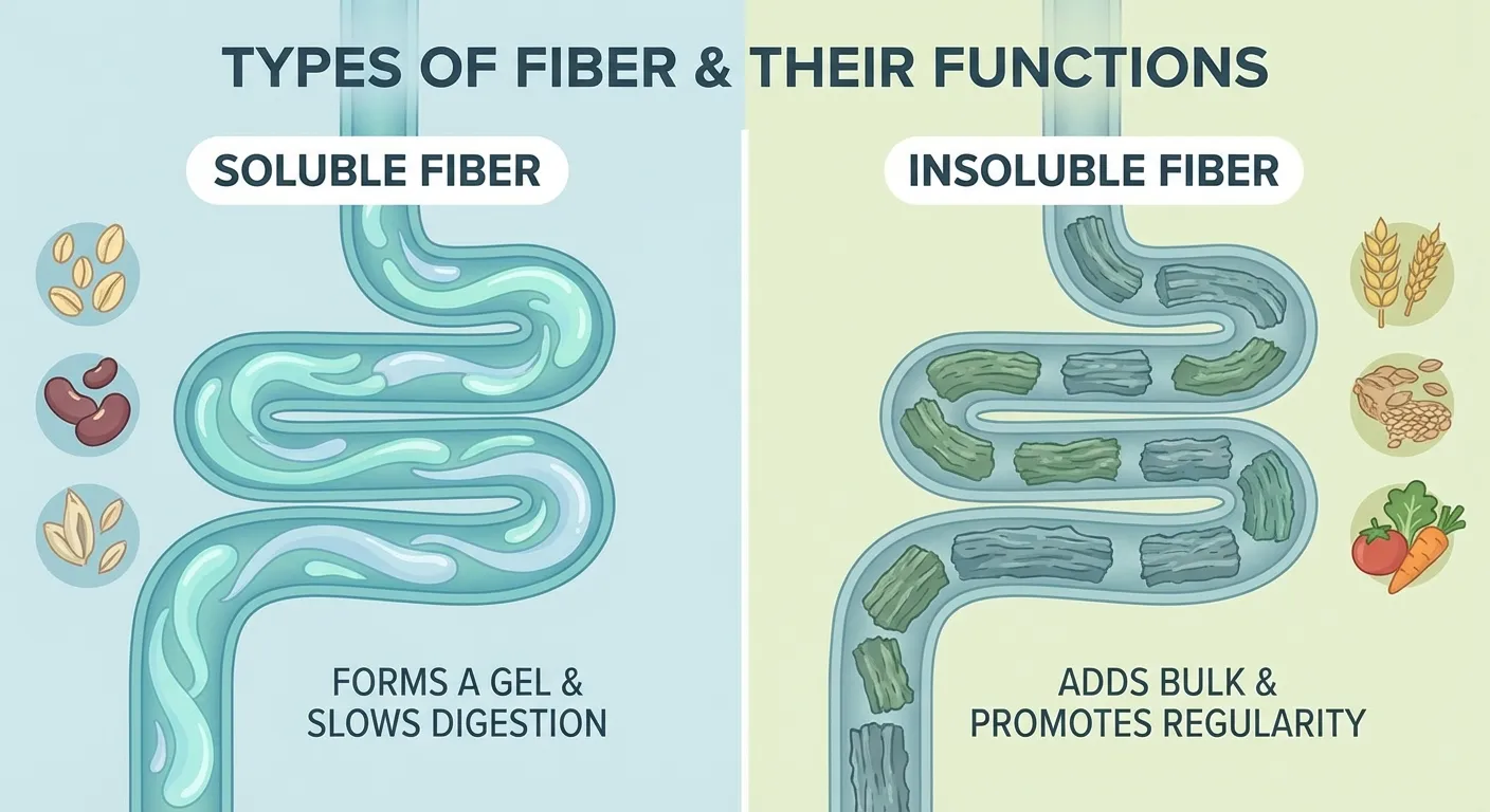Illustration showing soluble and insoluble fiber types and their different functions