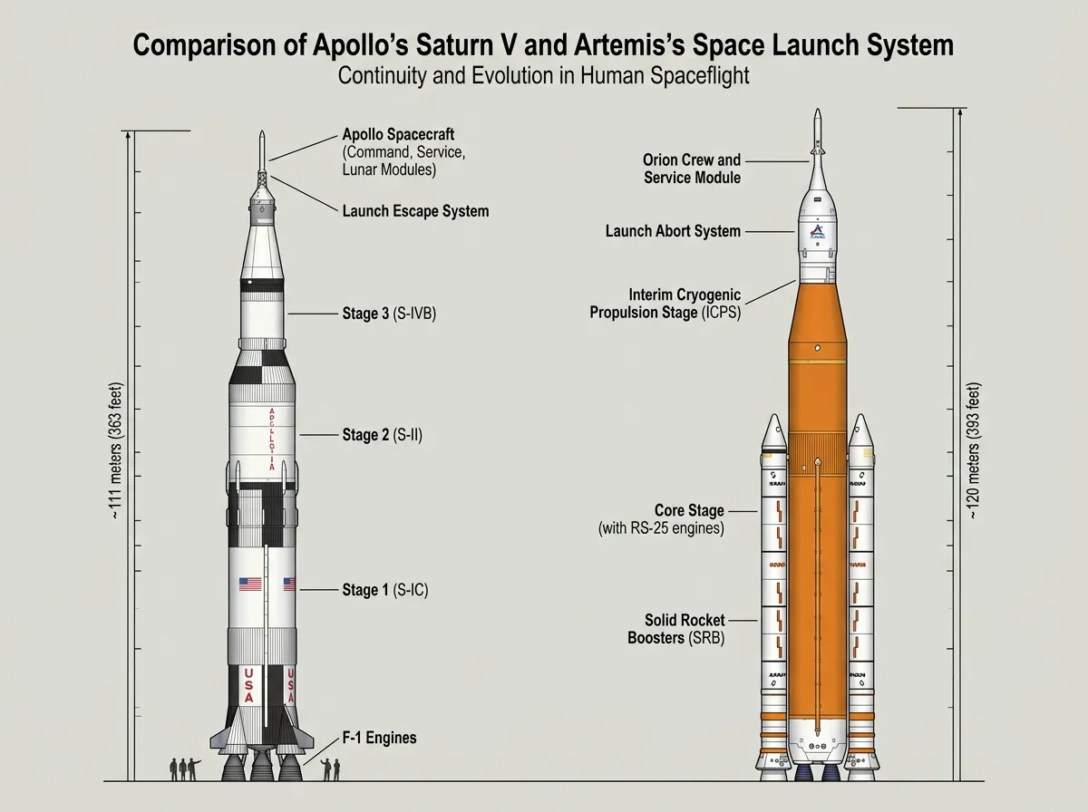 Side-by-side comparison of the Apollo 17 Saturn V and the Artemis II SLS rocket