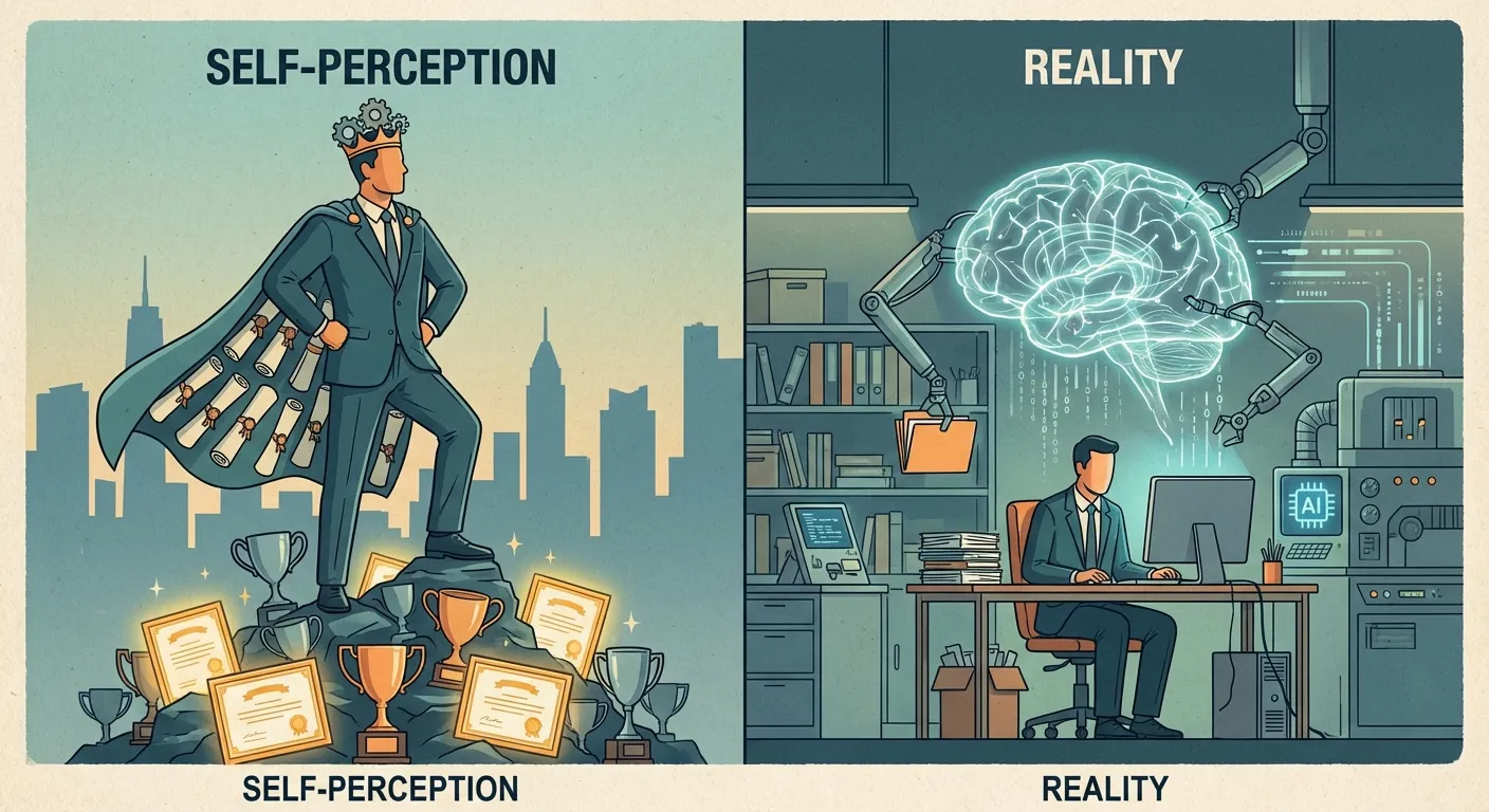 Split illustration showing perceived competence versus actual competence with AI assistance