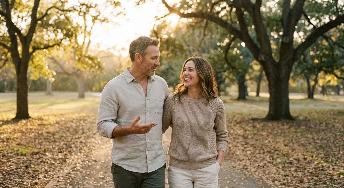Couple walking together outdoors in golden hour light sharing a relaxed conversation