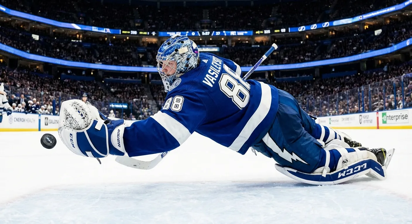 Andrei Vasilevskiy making a crucial save during the Lightning winning streak