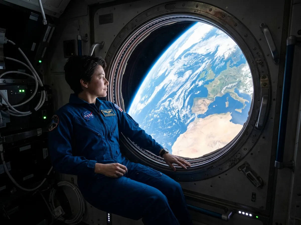 An astronaut floating beside a spacecraft window gazing at Earth with an expression of deep contemplation