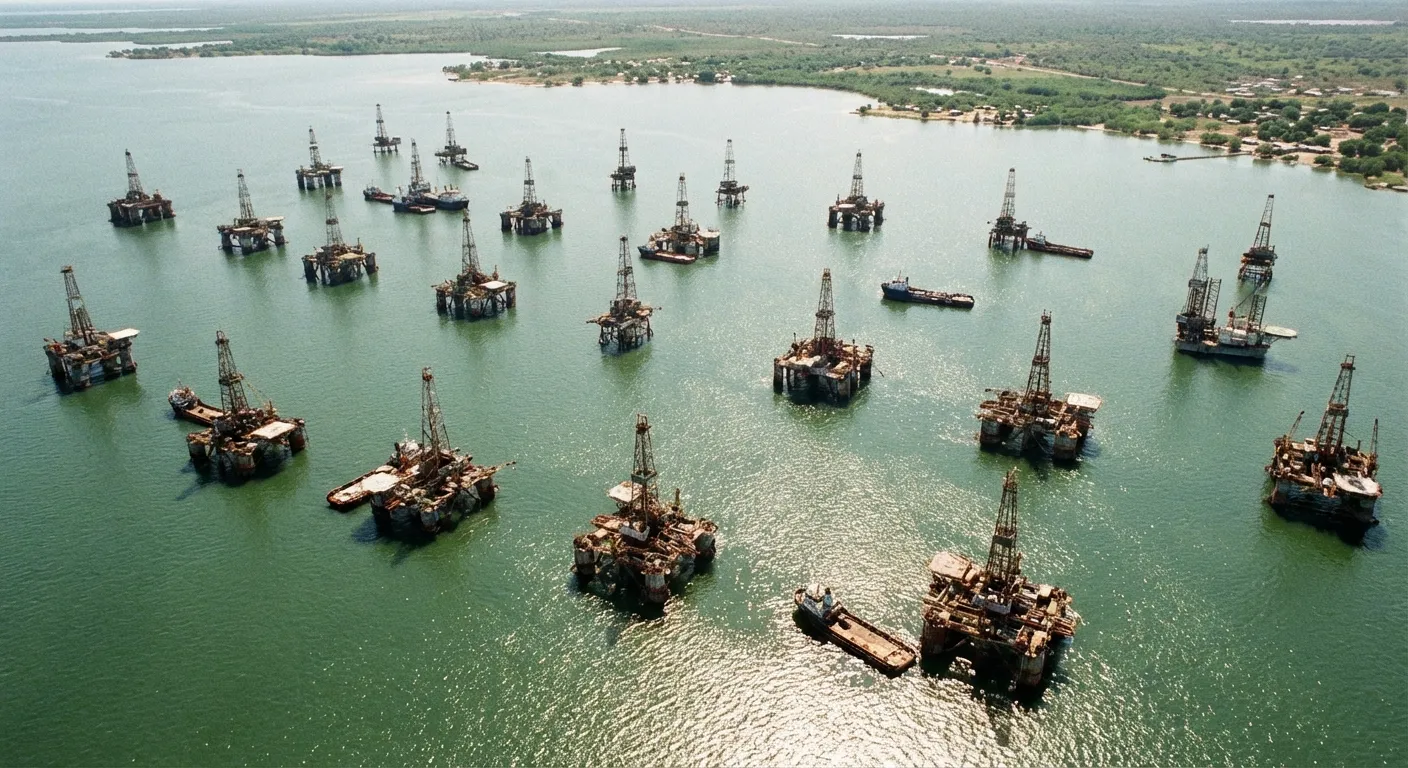 Aerial view of Lake Maracaibo oil field with drilling platforms and calm water