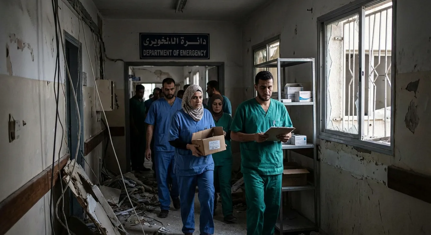 Medical workers in a damaged Gaza hospital corridor with limited supplies