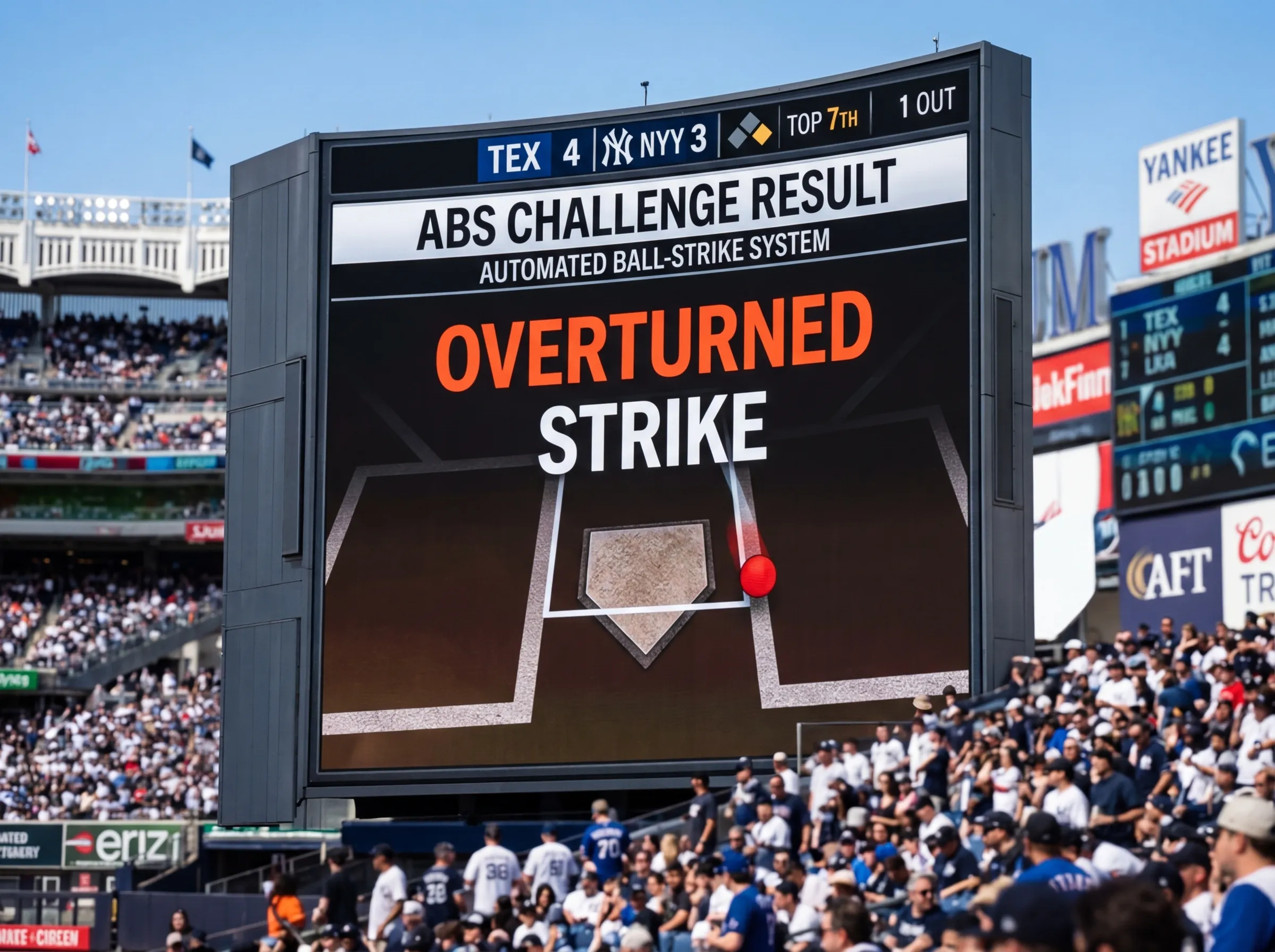 A stadium videoboard showing a pitch-tracking graphic with the ball barely clipping the strike zone edge