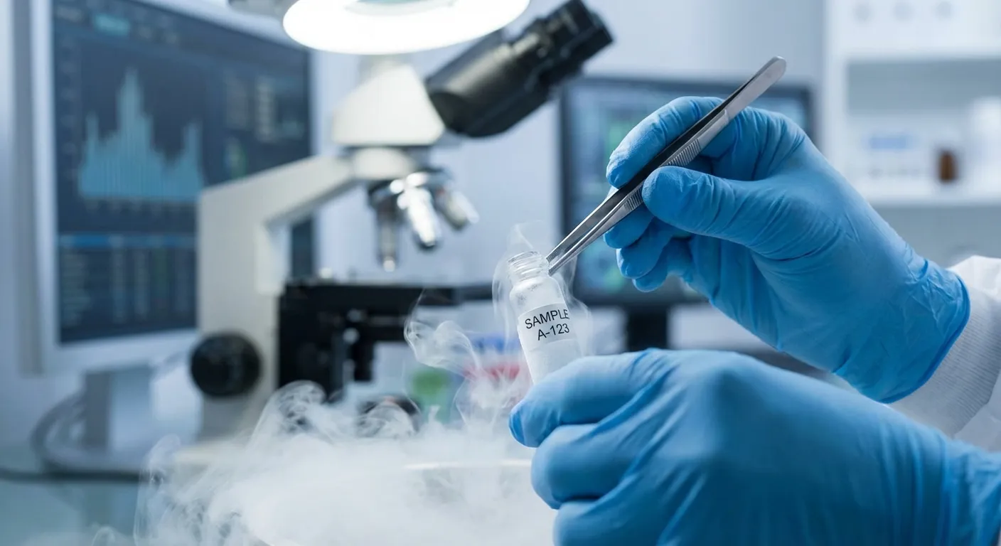 Embryologist working with cryogenic samples under laboratory conditions