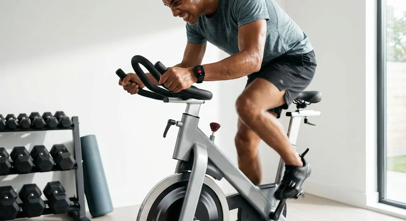Person doing interval training on stationary bike in home gym with effort expression