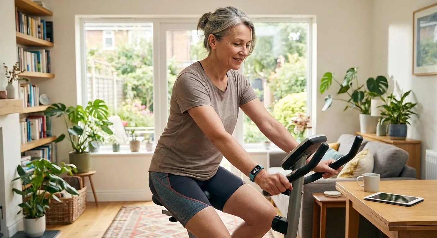 Person performing moderate aerobic exercise on stationary bike with heart rate monitor showing optimal zone