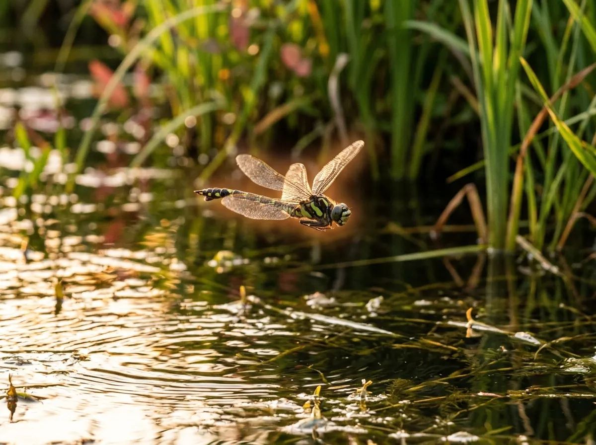 Gomphidae dragonfly hovering over sunlit water with subtle infrared glow effect around its body