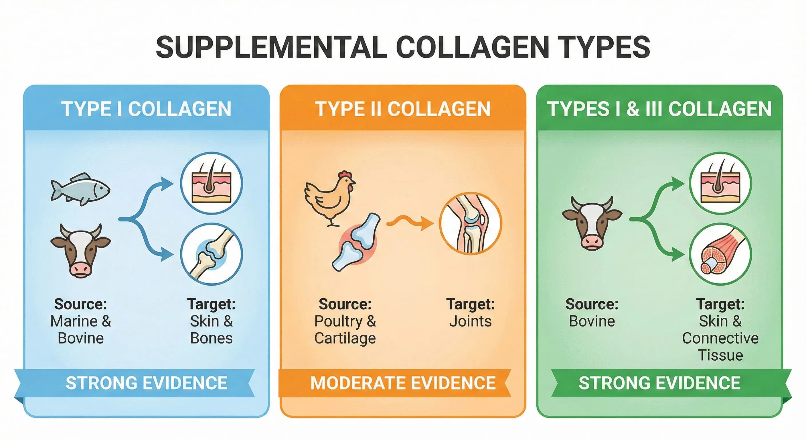 Comparison of collagen types and their primary applications