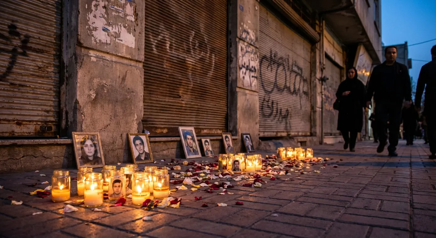 Candlelit memorial with flowers and photographs on an Iranian street
